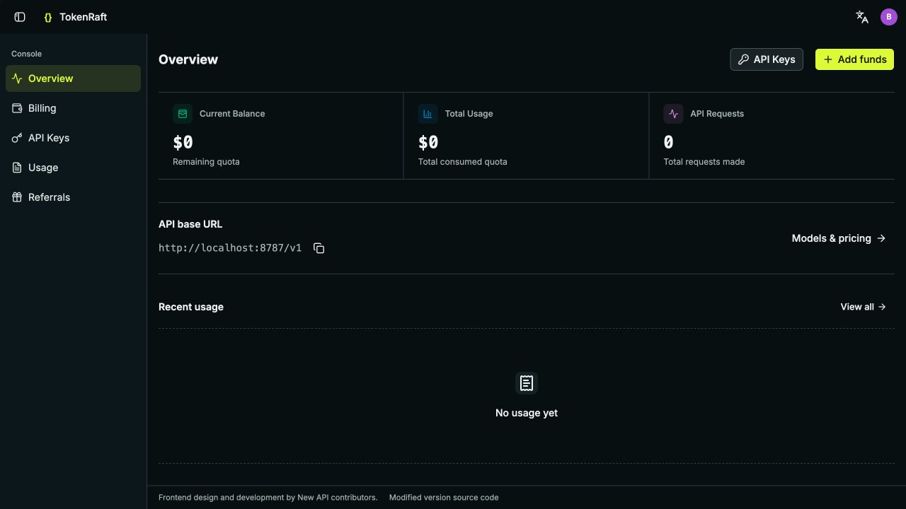 TokenRaft development console built on New API, showing balance, API keys, and recent usage with an empty test account